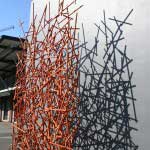 The Falling Sticks sculpture is made from mild steel and is in front of Rabe’s warehouse, Stellenbosch, South Africa.